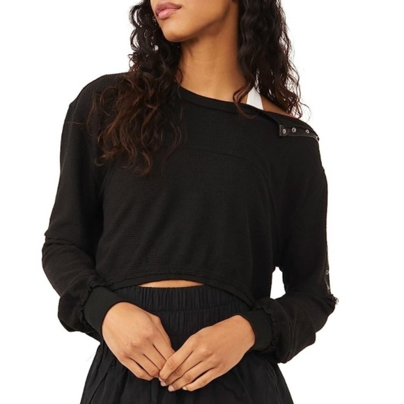 NWT Free People Movement Dream Work Thermal Cropped Long Sleeve Top Black - Picture 1 of 6